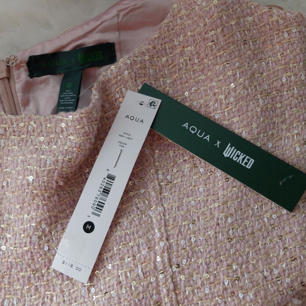 AQUA x Wicked Bloomingdale's Exclusive Pink Sequin Tweed Dress Size M NWT - Picture 6 of 13